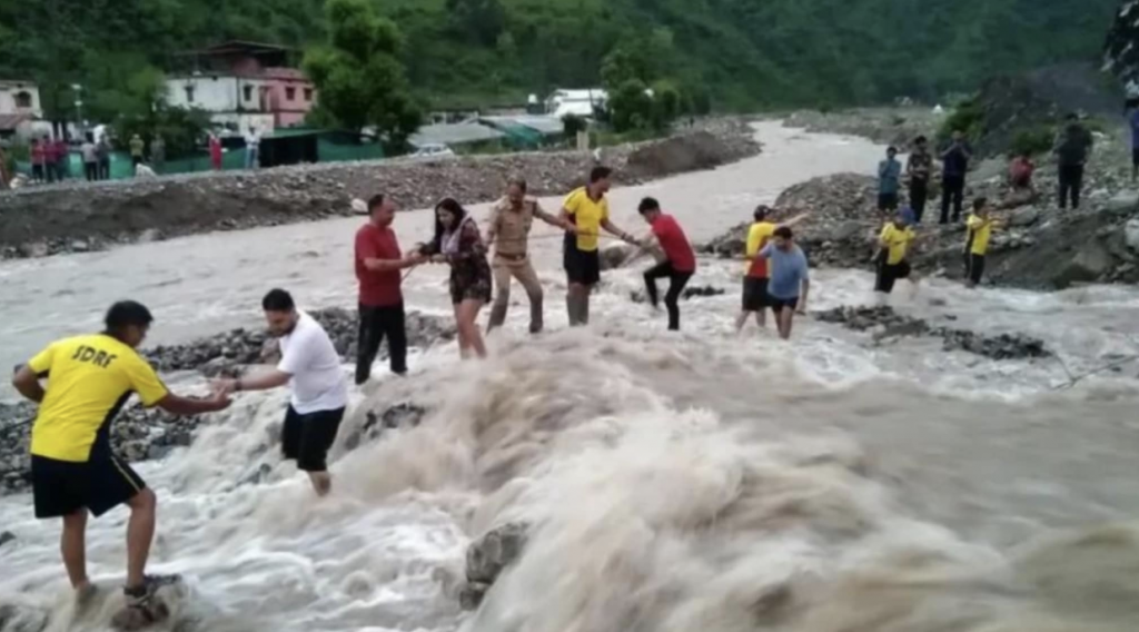 Tourists stuck by a flooded stream in Uttarakhand’s New Tehri rescued