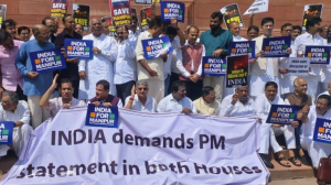 Opposition holds protest in Parliament premises, demands PM's statement : Manipur