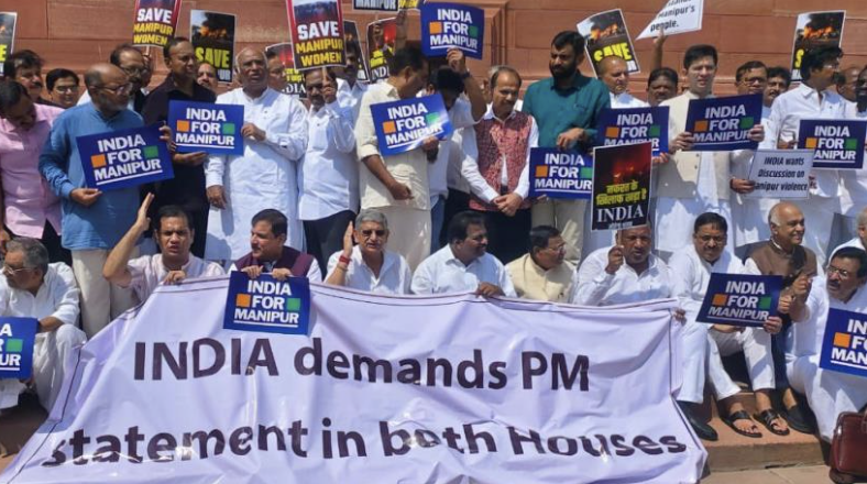 Opposition holds protest in Parliament premises, demands PM’s statement : Manipur