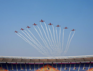 IAF's Suryakiran Aerobatic team performs air show rehearsal over Narendra Modi Stadium
