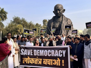 INDIA bloc MPs stage protest in front of Gandhi statue against bulk suspension