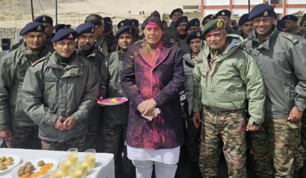 Defence Minister Rajnath Singh celebrates Holi with soldiers in Leh