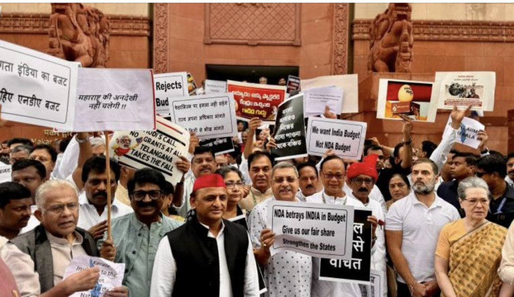 INDIA bloc protests at Parliament over “discriminatory” Union Budget