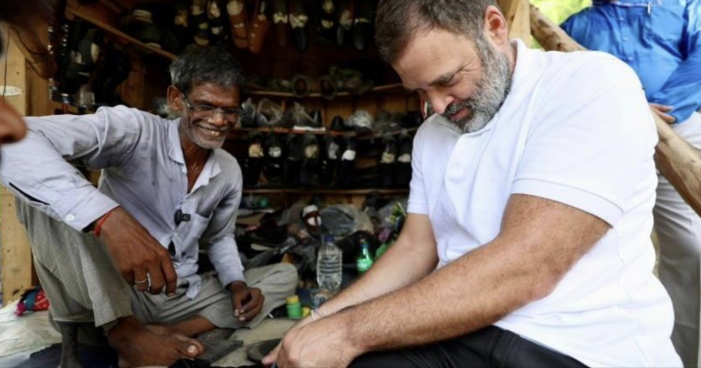 Rahul Gandhi meets local cobbler at Sultanpur, tries his hand in mending chappal