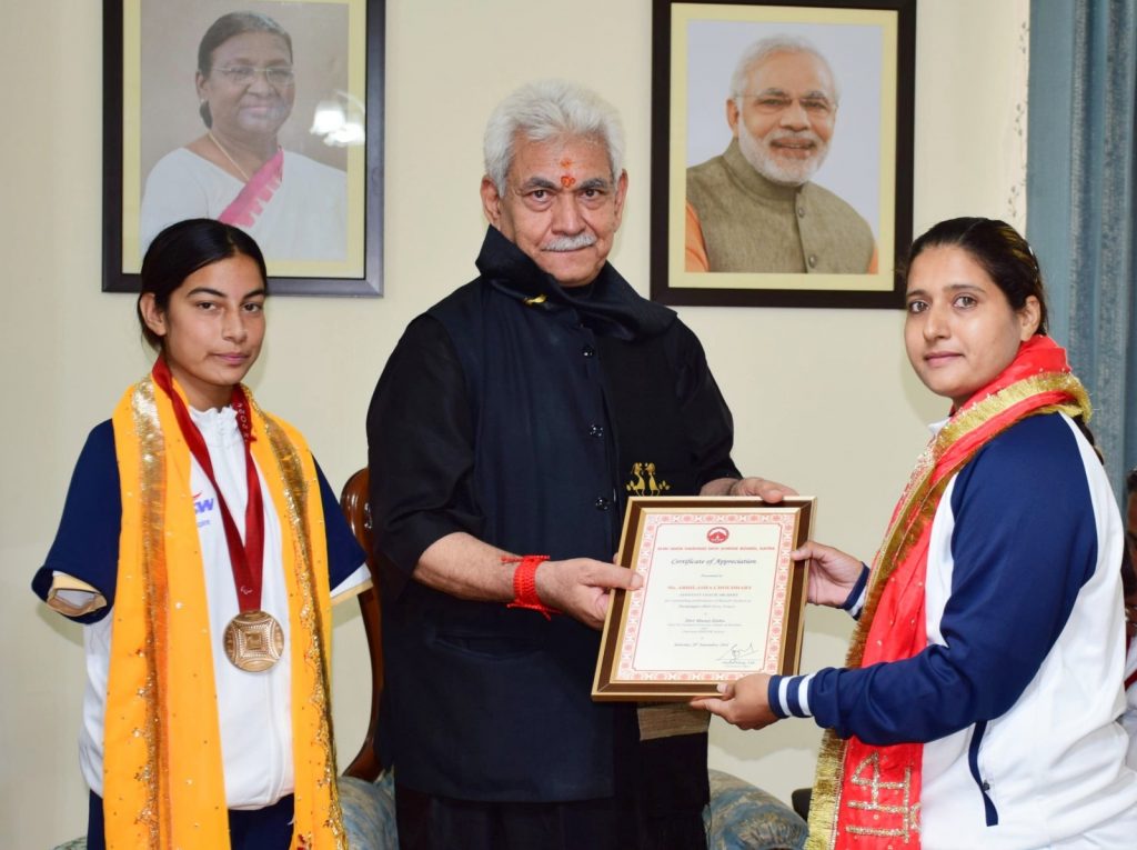 LG Manoj Sinha Felicitates Paris Paralympics Medallists Sheetal, Rakesh Kumar