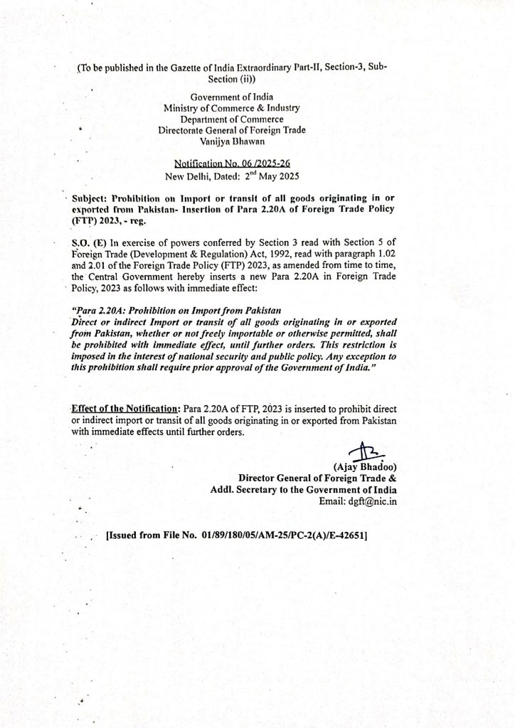 India Bans Direct, Indirect Imports From Pakistan