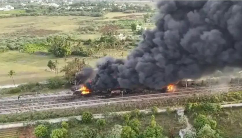 Tamil Nadu: Goods train carrying diesel catches fire near Tiruvallur, train services disrupted