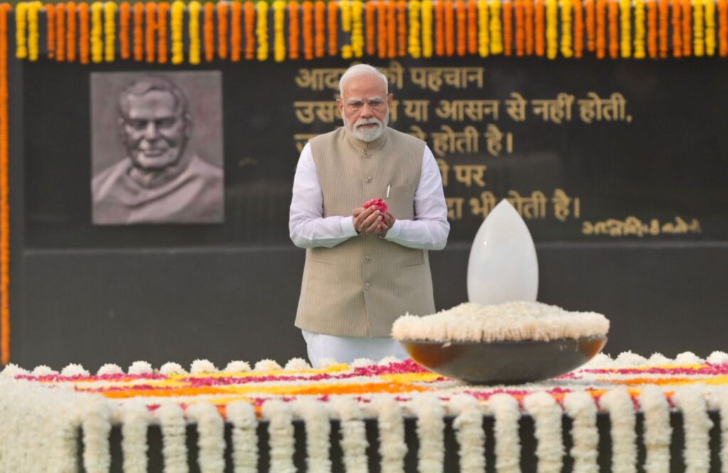 Prime Minister Narendra Modi pays floral tributes to Atal Bihari Vajpayee on his death anniversary at ‘Sadaiv Atal’
