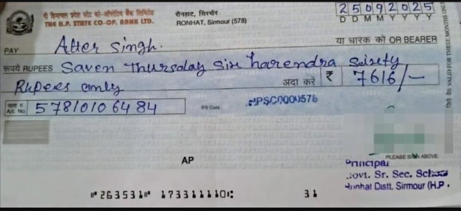Himachal School Principal’s Cheque Goes Viral for Hilarious Spelling Errors