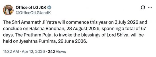 Amarnath Yatra To Begin July 3, Conclude On August 28: LG Manoj Sinha