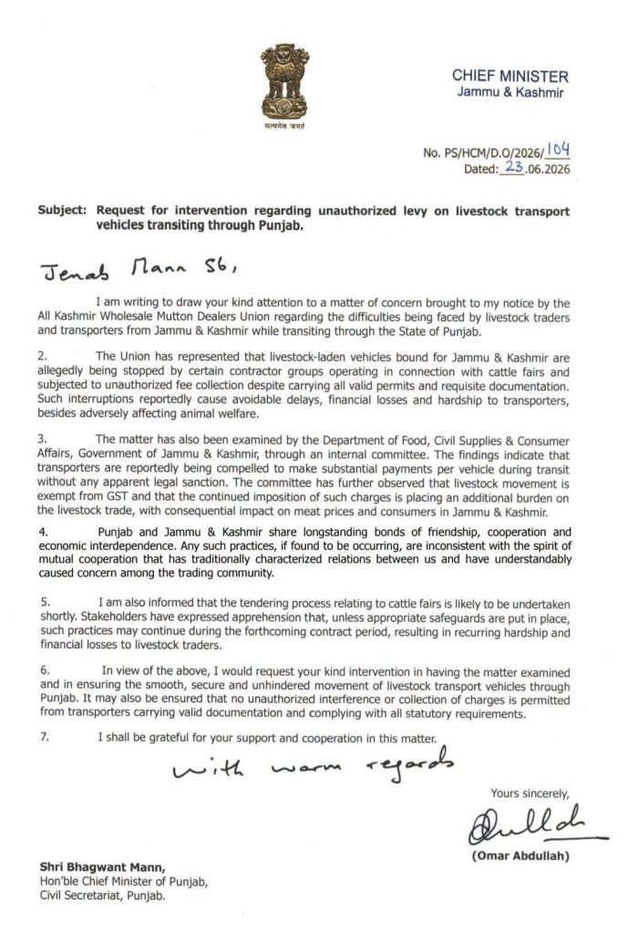 Omar Abdullah writes to Punjab CM over ‘unauthorised levy’ on J&K livestock transport vehicles