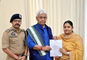 LG Manoj Sinha hands Over Appointment Letter To Deceased PSI Sachin Verma’s Wife